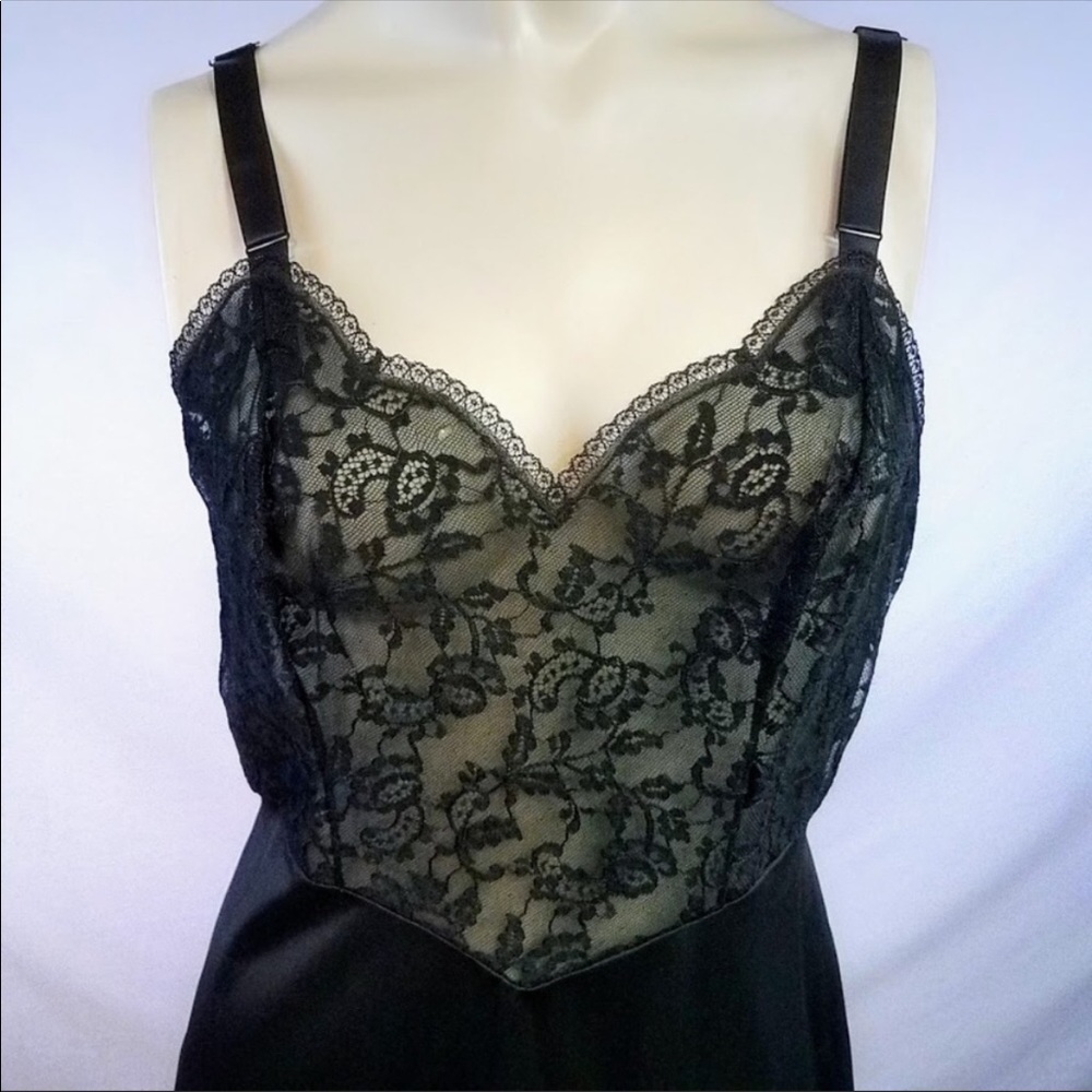 Vintage Black Full Sheer Top Sexy Lace Slip M